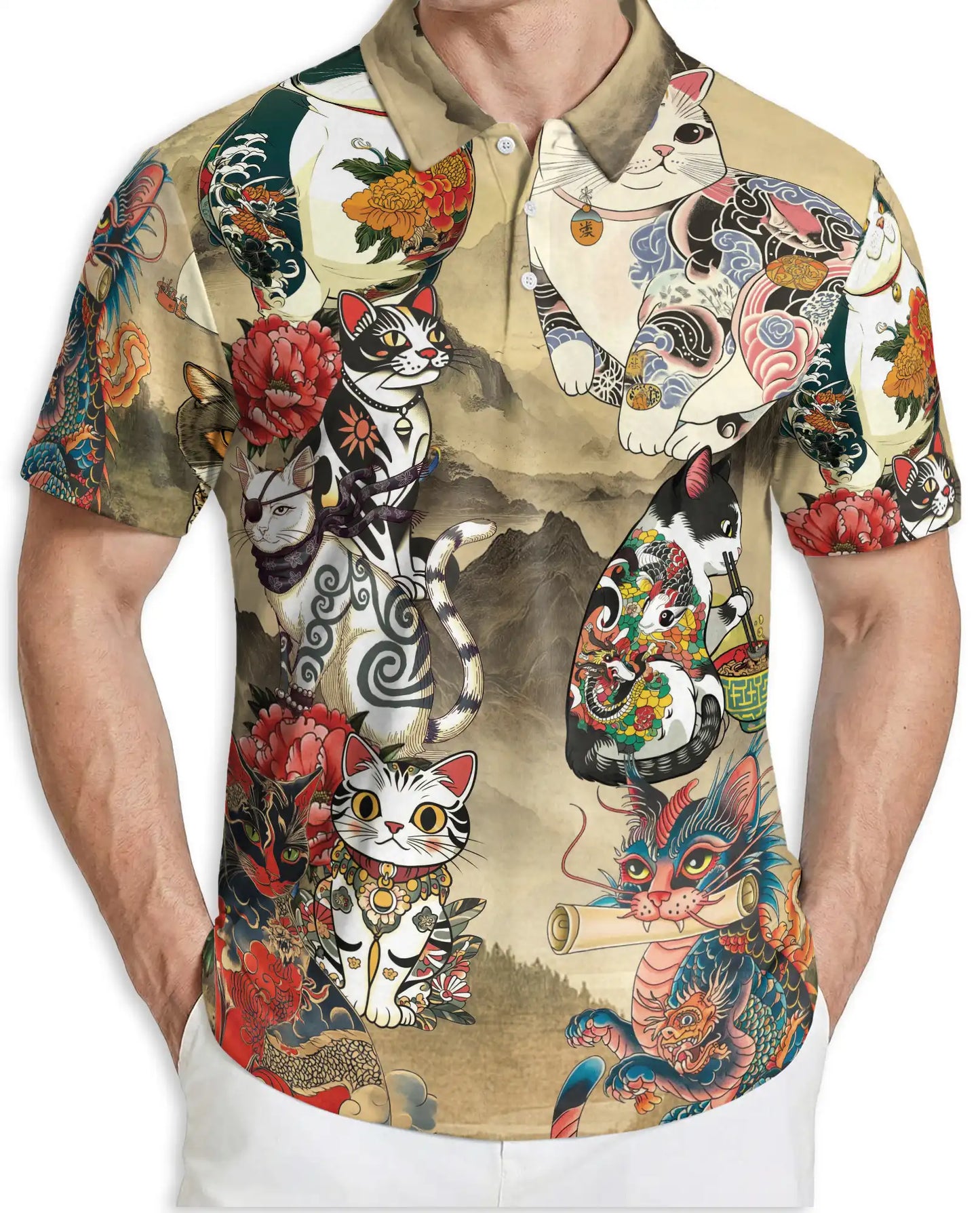 Japanese Cat 3D Polo Shirt for Men – Tattoo Dragon Art Style | Azhobbyshop