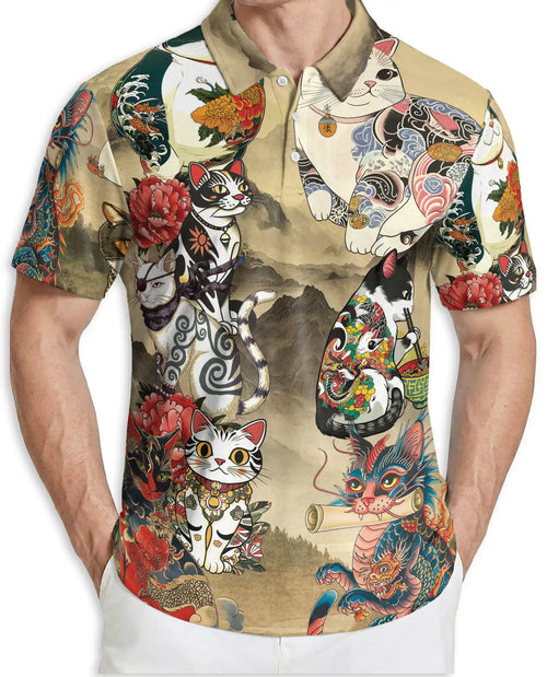 Japanese Cat 3D Polo Shirt for Men – Tattoo Dragon Art Style | Azhobbyshop