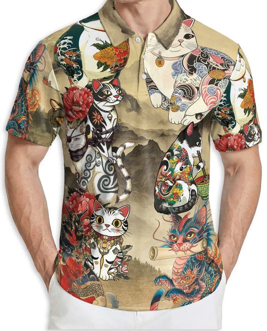 Japanese Cat 3D Polo Shirt for Men – Tattoo Dragon Art Style | Azhobbyshop