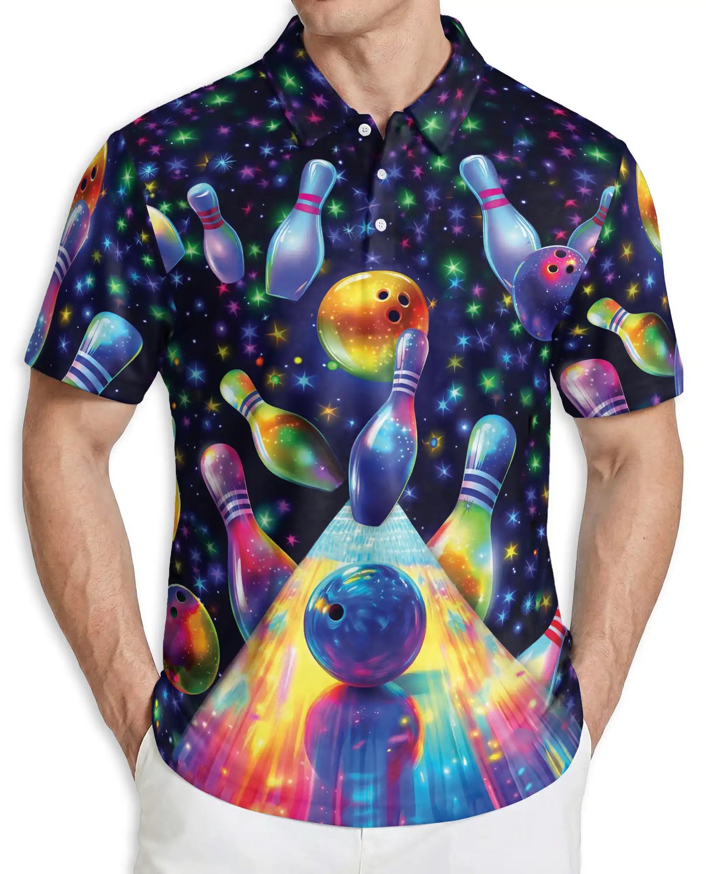 Cosmic Bowling Polo Shirt – Neon Galaxy Bowling 3D Graphic | Azhobbyshop