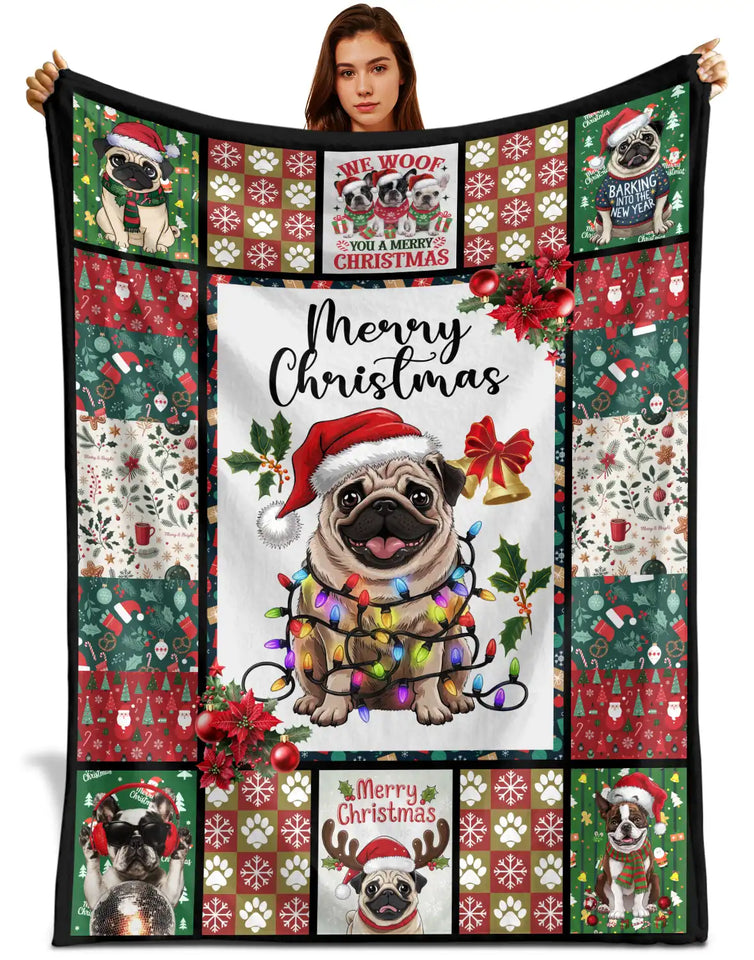 Pug Christmas Blanket – Merry Christmas Dog Lover Patchwork Throw