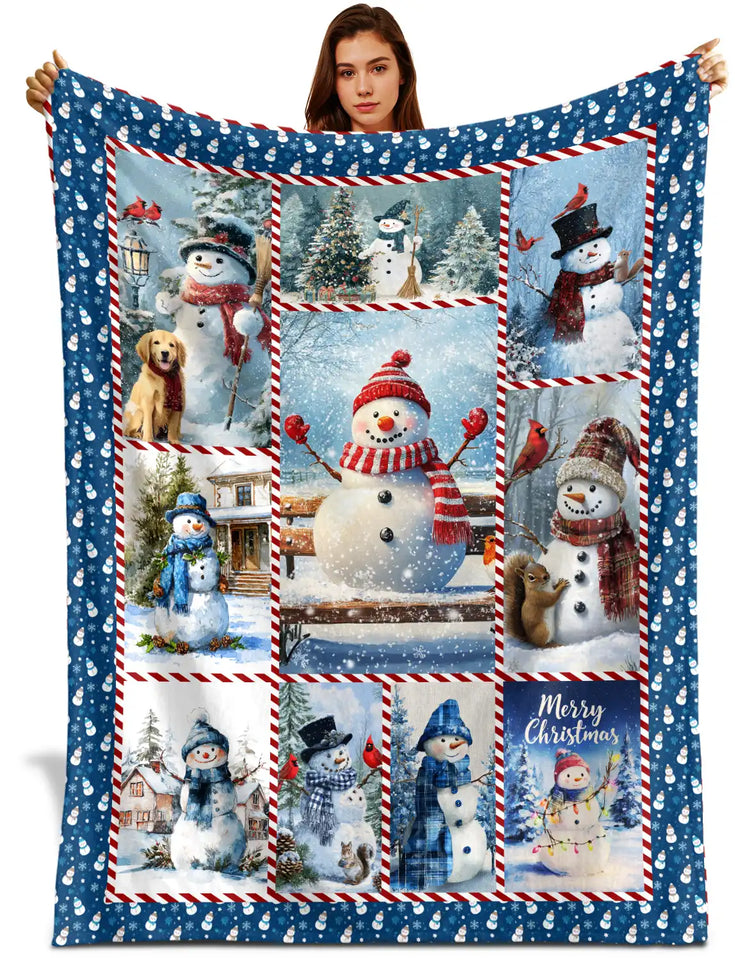 Snowman Christmas Blanket – Cardinal & Woodland Winter Patchwork Throw
