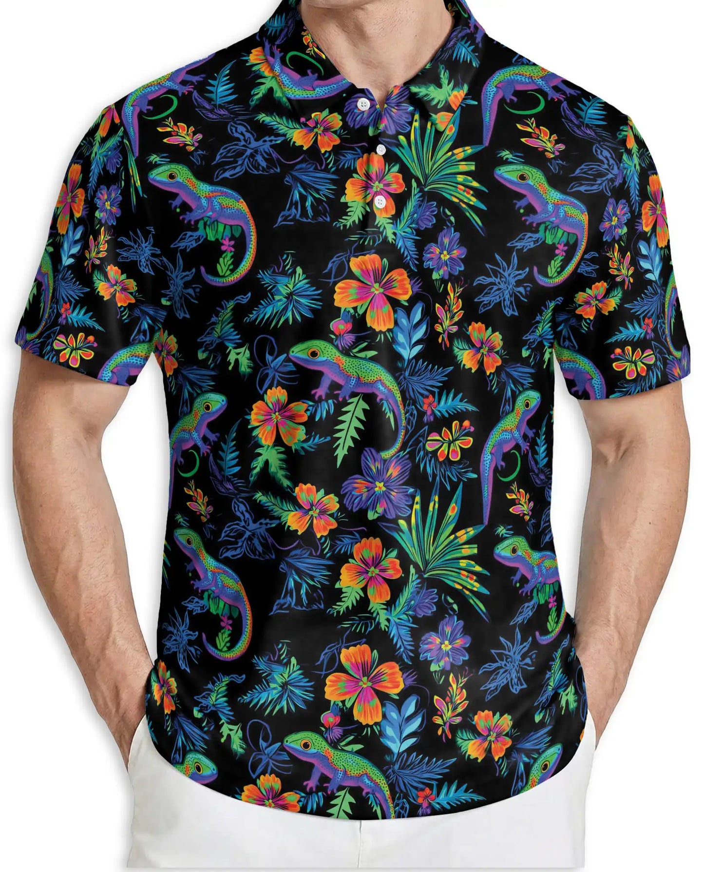Colorful Gecko Pattern 3D Polo Shirt for Men – Tropical Style | Azhobbyshop