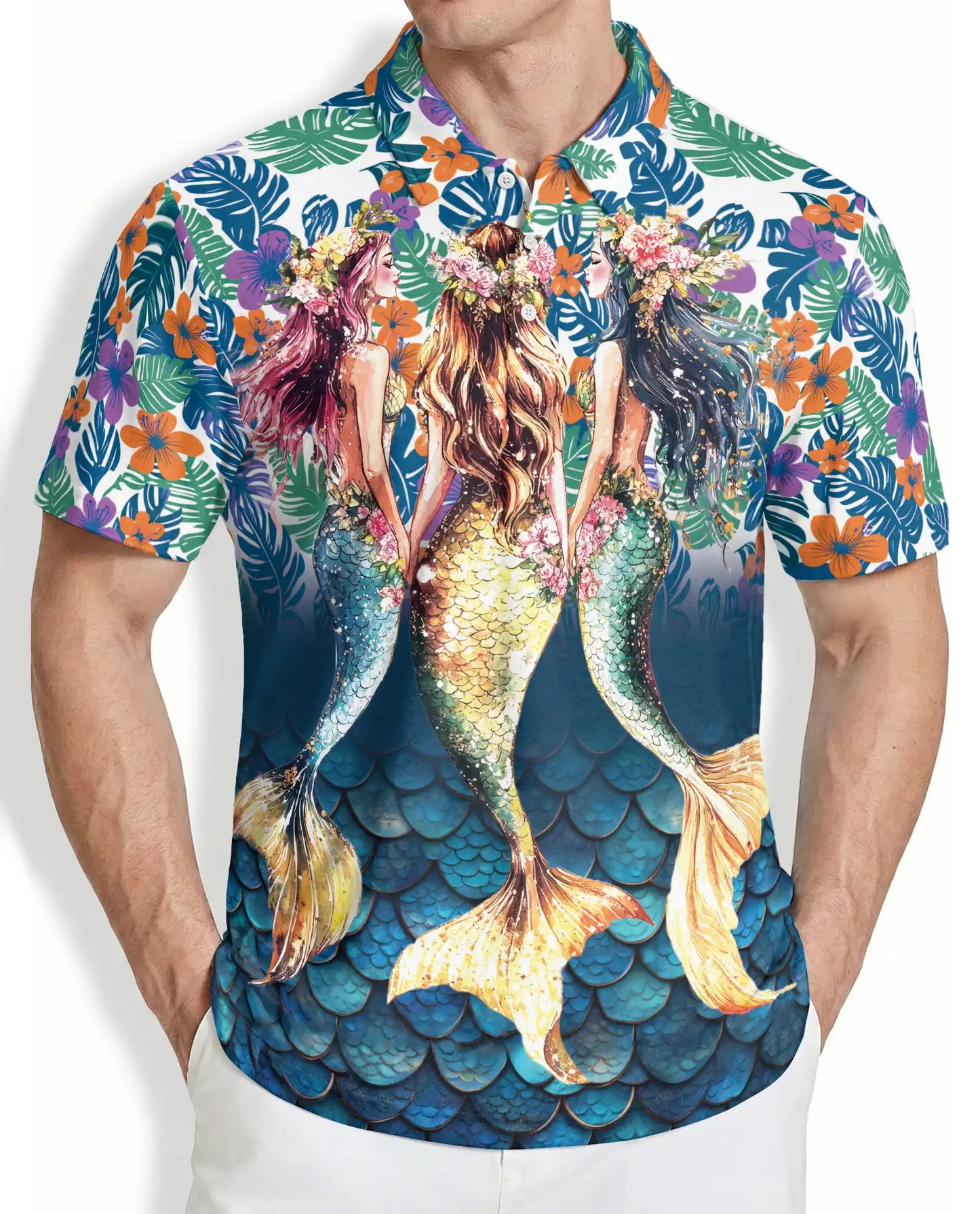 Triple Mermaid Tropical 3D Polo Shirt for Men – Floral Ocean Hawaiian Style | Azhobbyshop