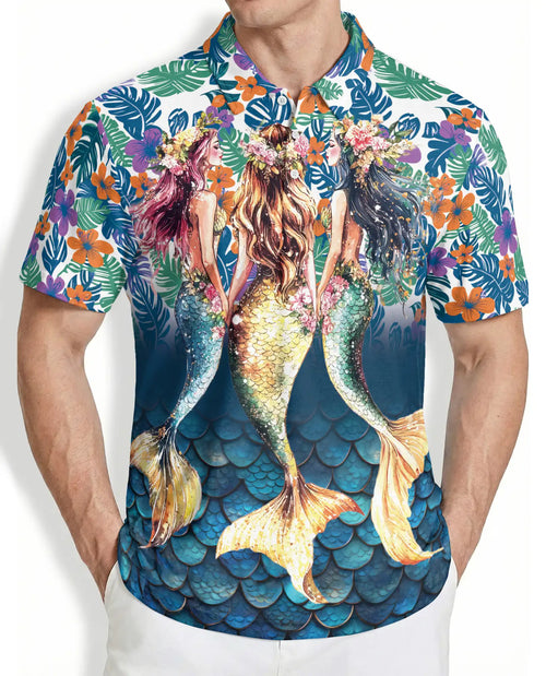 Triple Mermaid Tropical 3D Polo Shirt for Men – Floral Ocean Hawaiian Style | Azhobbyshop