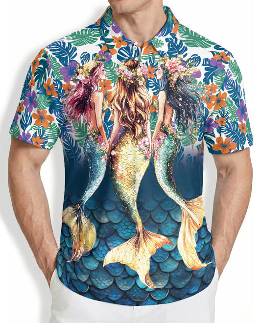 Triple Mermaid Tropical 3D Polo Shirt for Men – Floral Ocean Hawaiian Style | Azhobbyshop