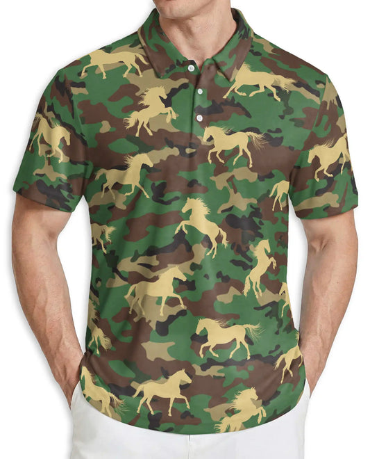Camo Horse 3D Polo Shirt for Men – Military Camouflage & Wild Horse Print | Azhobbyshop