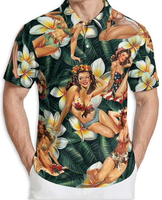 Vintage Pin Up Girl Hawaiian Polo Shirt- Retro Beach Style | Azhobbyshop