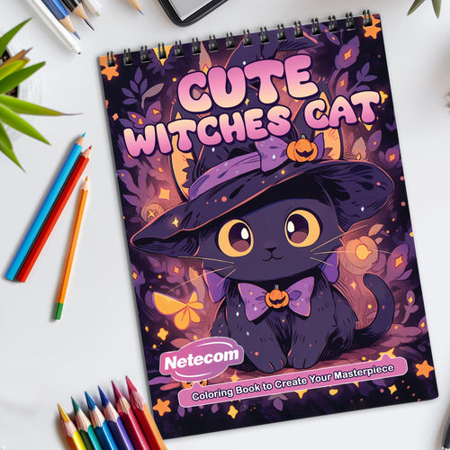 Cute Kawaii Cat Witches Spiral Bound Coloring Book, Whimsical Cat Witches in Kawaii Style, Great for Fans of Cute Magic and Playful Fantasy Art