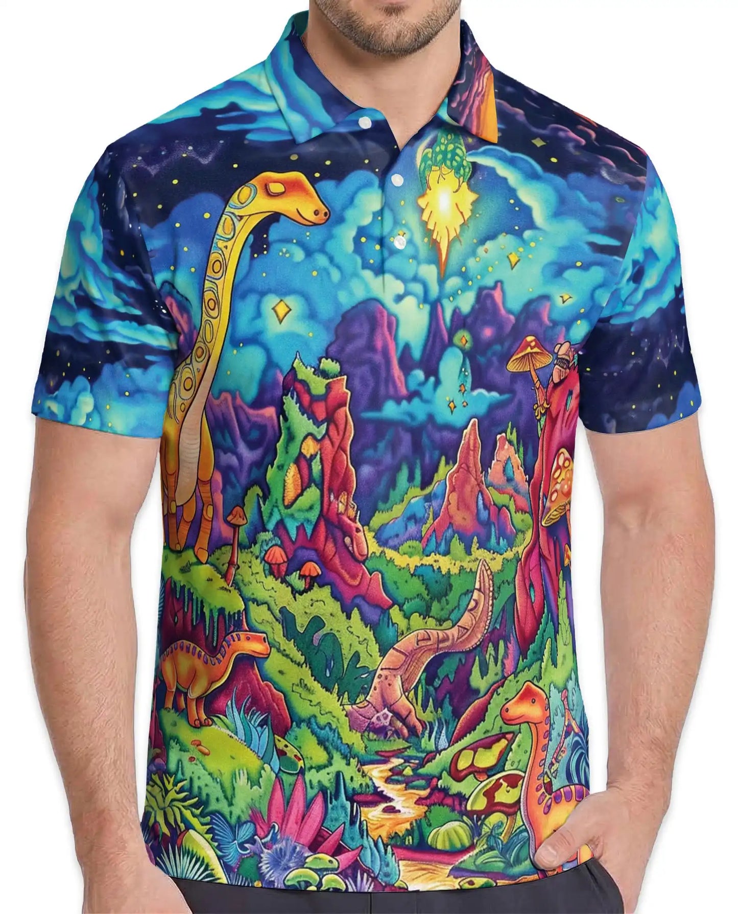 Psychedelic Dinosaur 3D Polo Shirt for Men – Fantasy Jurassic Colorful Art | Azhobbyshop