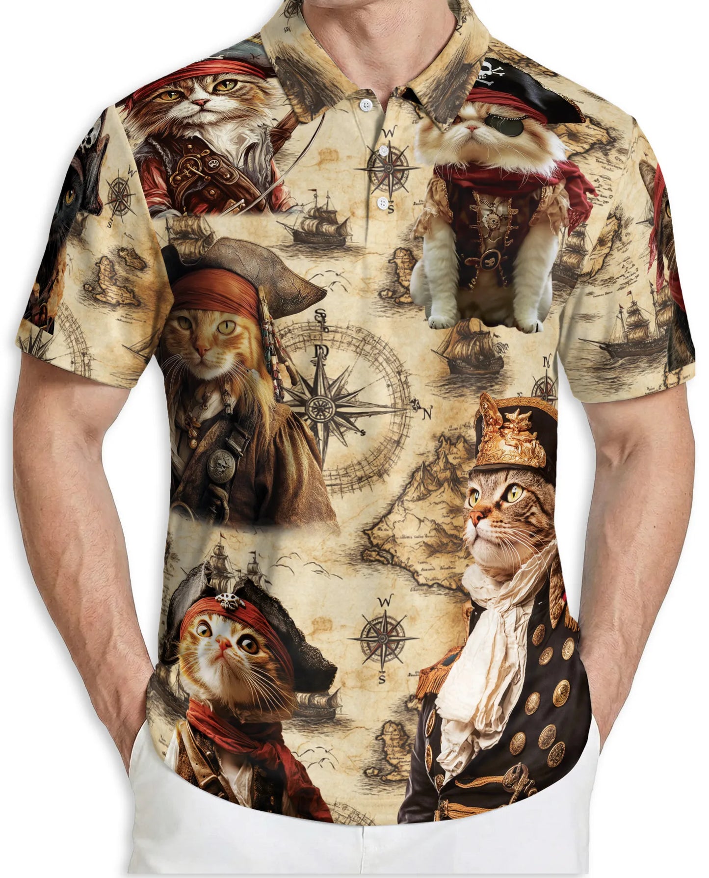Pirate Cat 3D Polo Shirt for Men – Vintage Nautical Funny Cat Style | Azhobbyshop