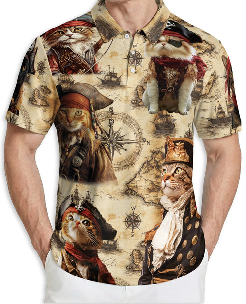Pirate Cat 3D Polo Shirt for Men – Vintage Nautical Funny Cat Style | Azhobbyshop