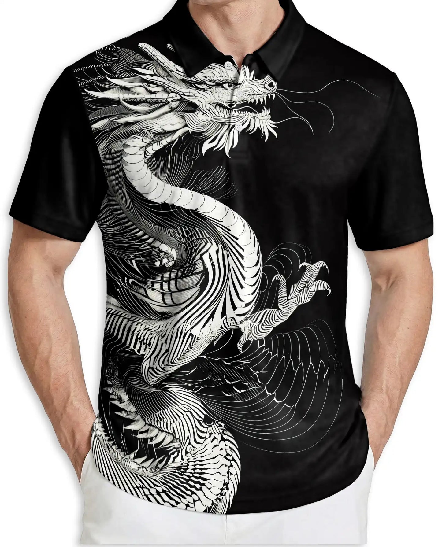 Black White Dragon Art Polo Shirt | Azhobbyshop