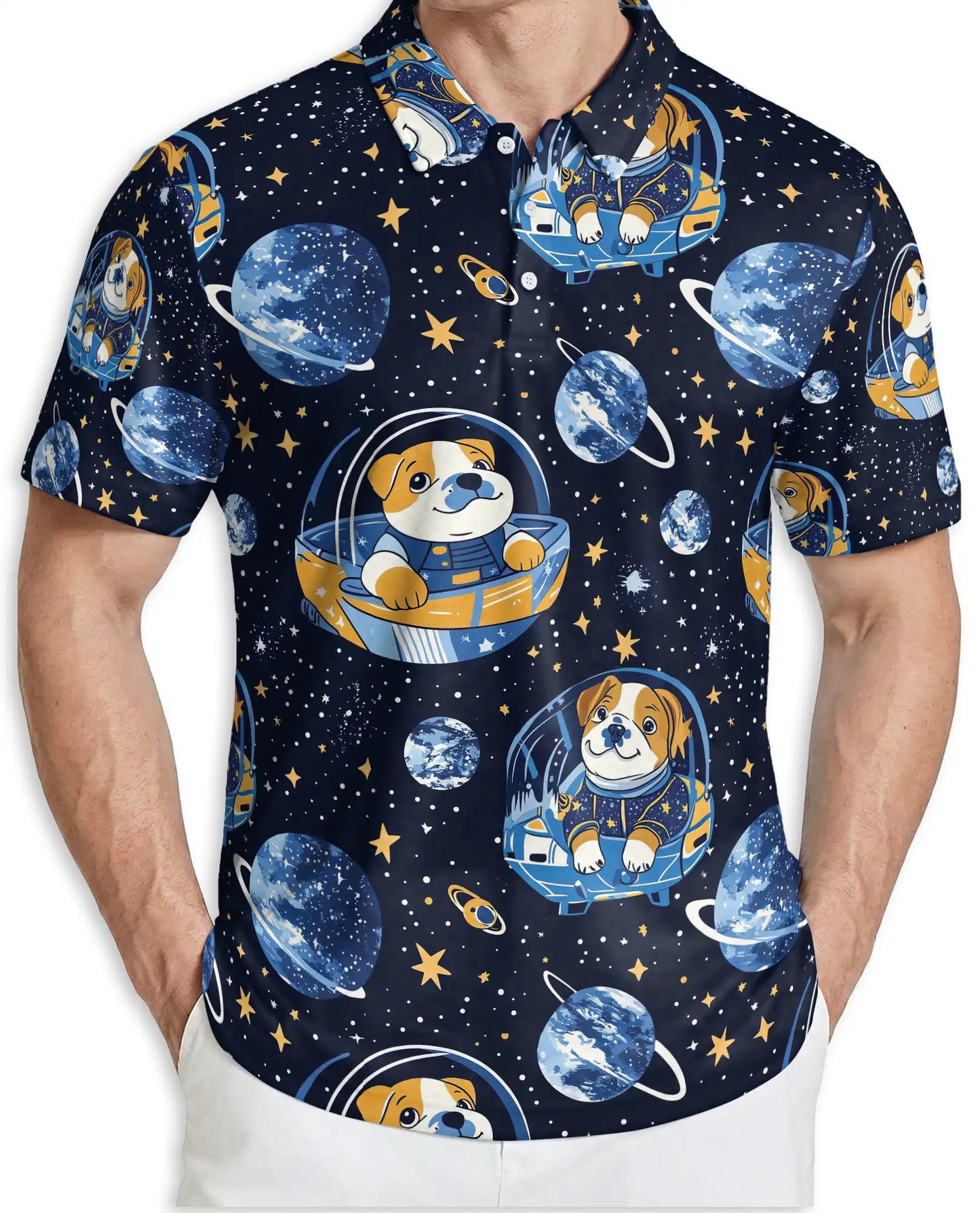 Space Dog 3D Polo Shirt for Men – Cute Astronaut Puppy Galaxy Style | Azhobbyshop