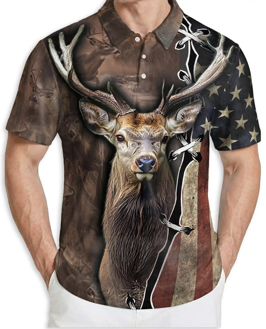 Deer Hunting Polo Shirt- American Flag Hunter Outdoor Style | Azhobbyshop