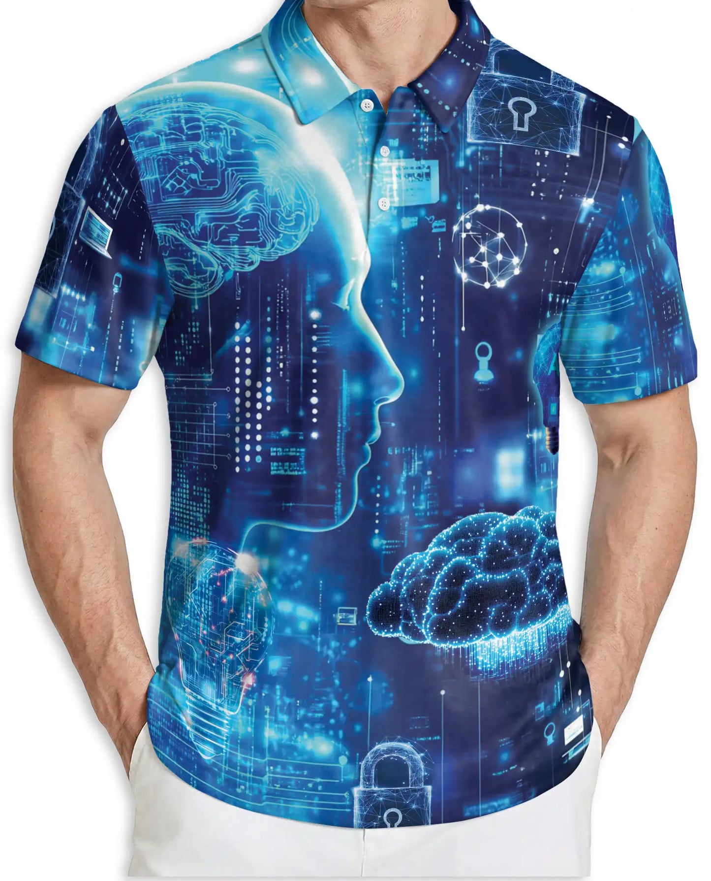 Technology 3D Polo Shirt for Men – Futuristic Digital Brain Cyber Style | Azhobbyshop