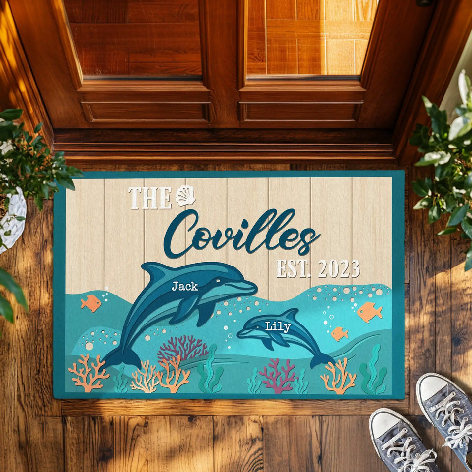 Personalized Dolphin Family Doormat – Custom Names Ocean Mat