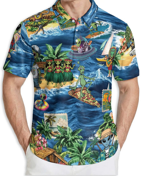 Funny Alien Hawaiian Polo Shirt- Tropical Beach Vacation Style | Azhobbyshop