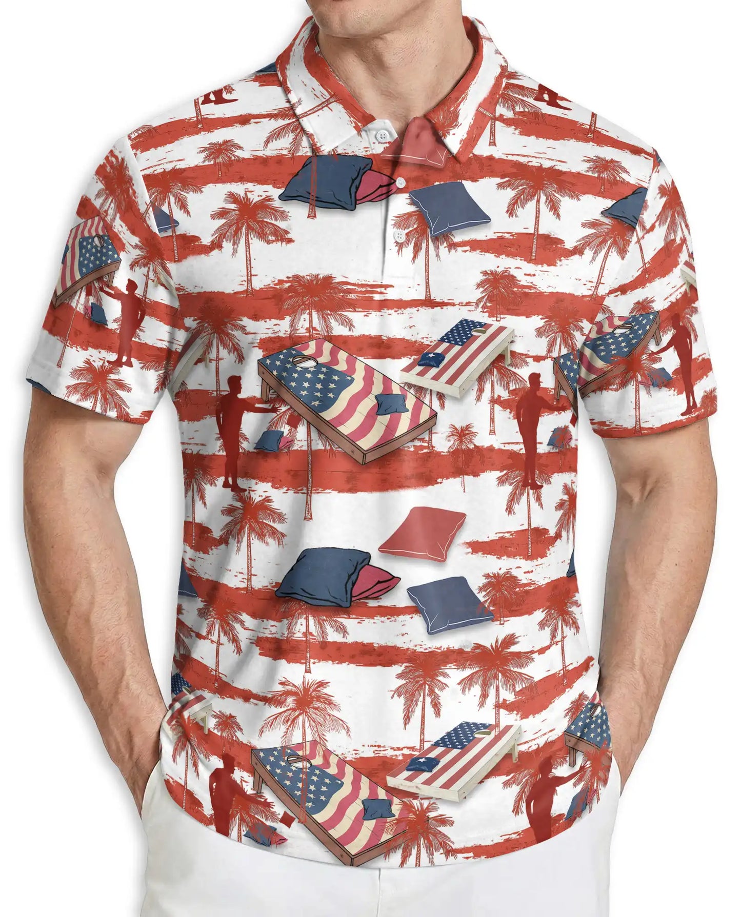 American Flag Cornhole Polo Shirt – Patriotic Beach Game Print | Azhobbyshop