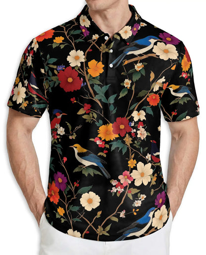 Bird Flower 3D Polo Shirt for Men – Vintage Floral Birds Hawaiian Style | Azhobbyshop