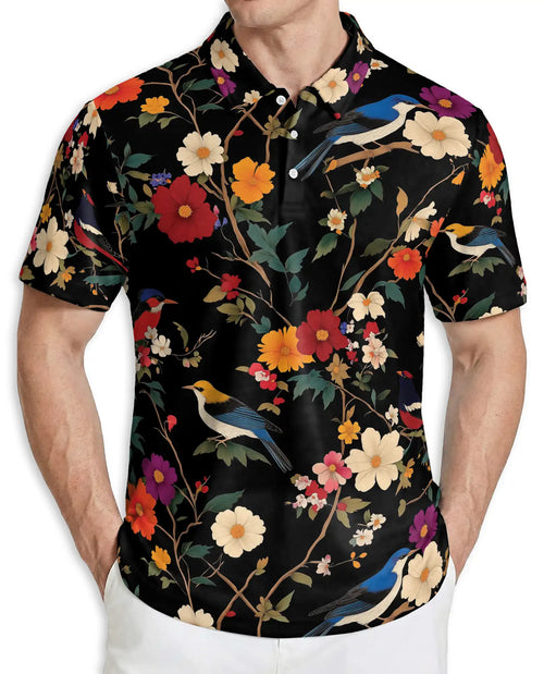 Bird Flower 3D Polo Shirt for Men – Vintage Floral Birds Hawaiian Style | Azhobbyshop