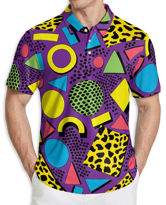 80s Retro Polo Shirt – Neon Geometric Memphis Style 3D Print | Azhobbyshop