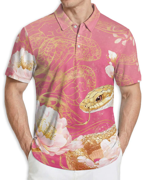 Golden Snake Floral 3D Polo Shirt for Men – Elegant Pink Serpent Art Print | Azhobbyshop