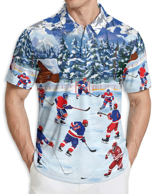 Winter Ice Hockey Polo Shirt – Snowy Outdoor Hockey Scene | Azhobbyshop