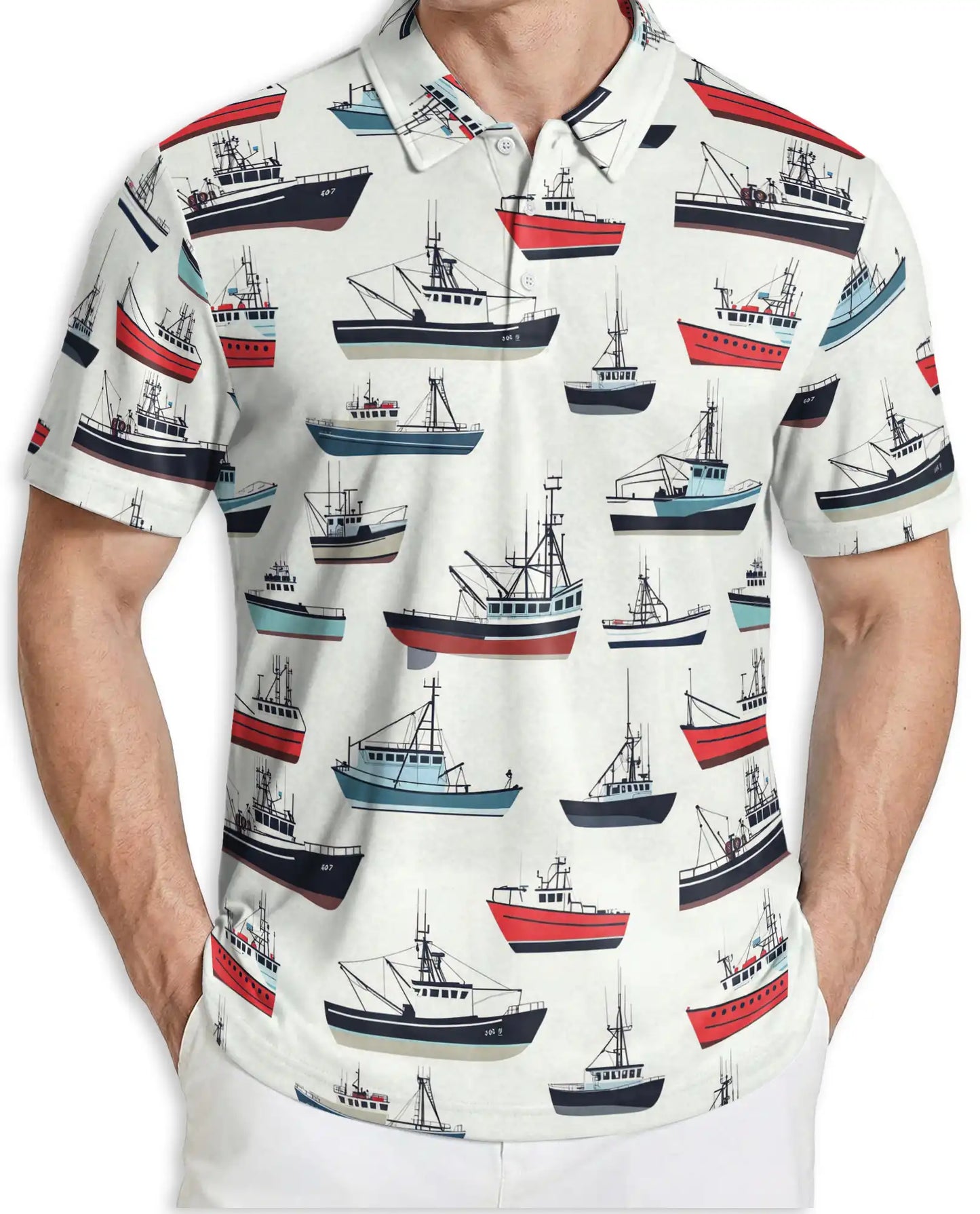 Fishing Boat 3D Polo Shirt for Men – Nautical Ocean Coastal Style | Azhobbyshop