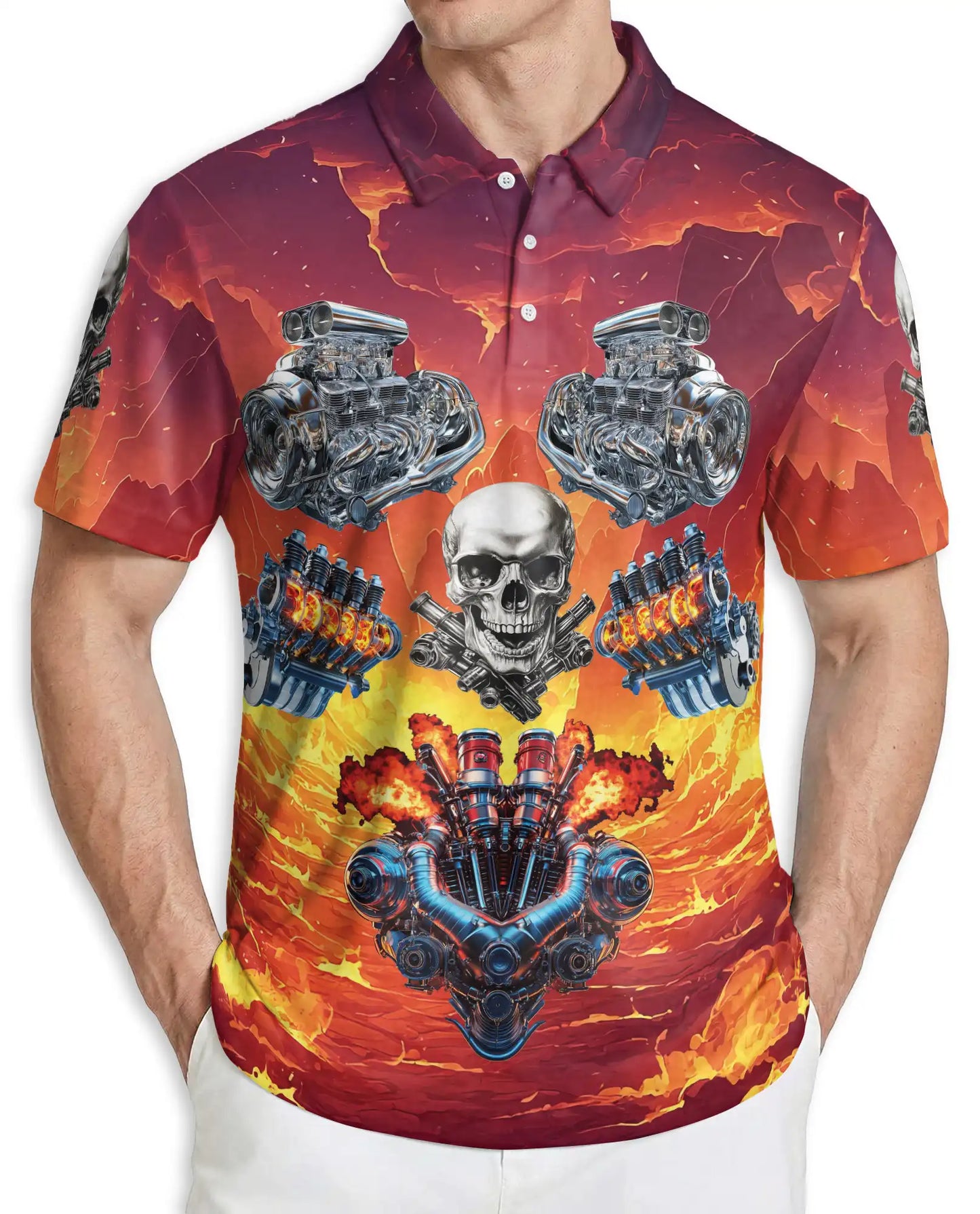 Skull Engine 3D Polo Shirt for Men – Biker Hot Rod Flame Style | Azhobbyshop