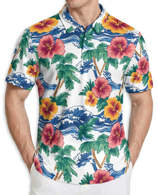 Awesome Tropical Hibiscus Polo Shirt – Ocean Waves & Palm Tree Summer Style | Azhobbyshop