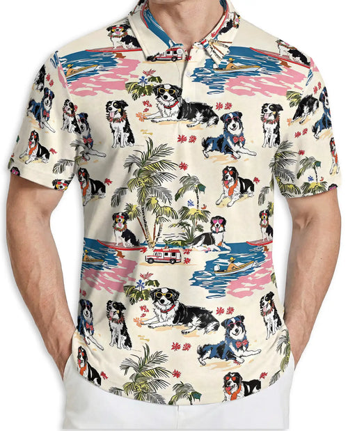 Border Collie Hawaiian 3D Polo Shirt for Men – Tropical Dog Beach Style | Azhobbyshop