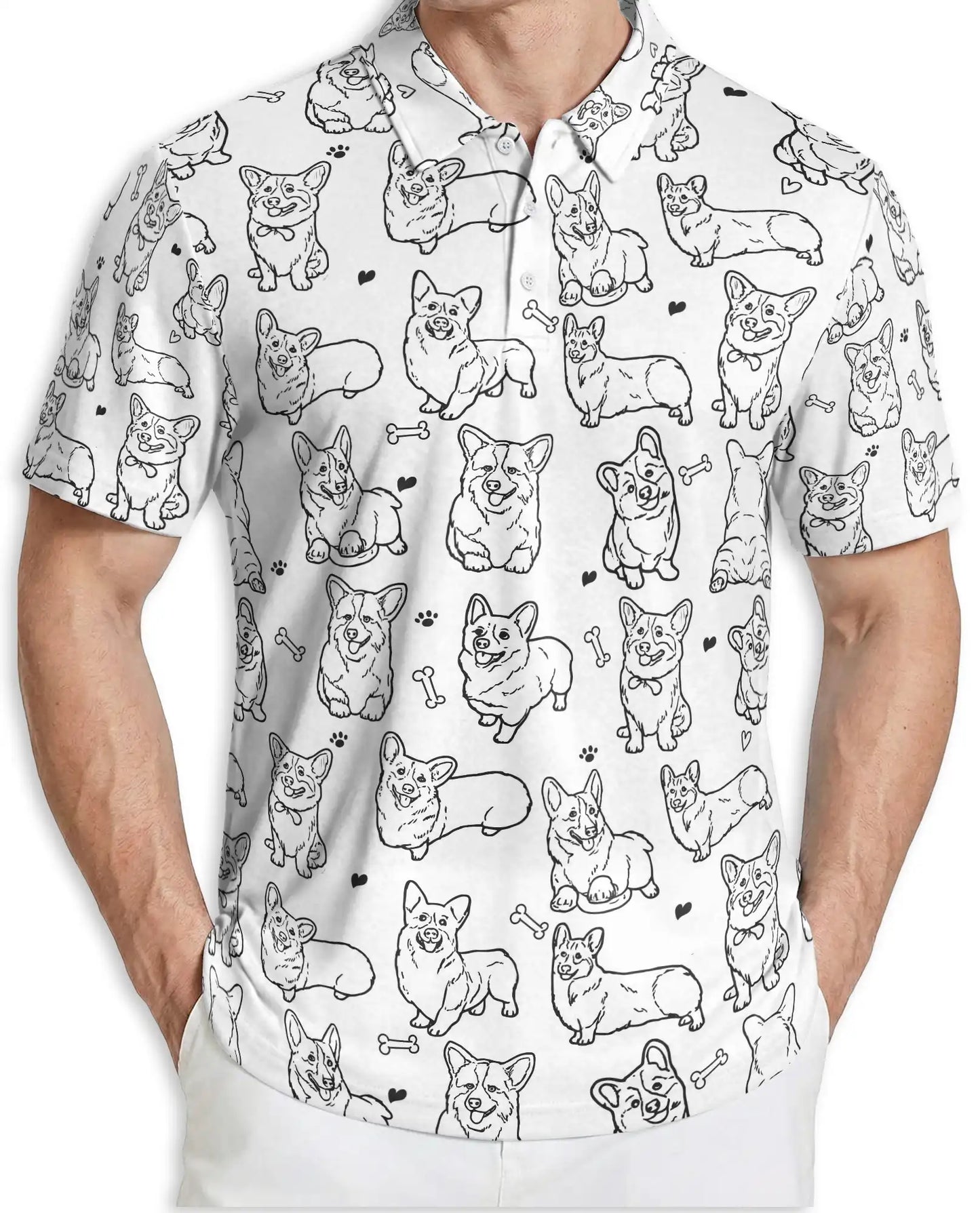 Corgi Sketch 3D Polo Shirt for Men – Cute Dog Lover Pattern Style | Azhobbyshop