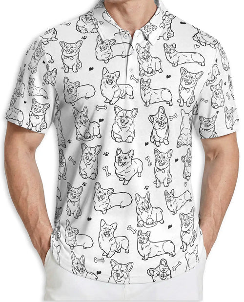 Corgi Sketch 3D Polo Shirt for Men – Cute Dog Lover Pattern Style | Azhobbyshop