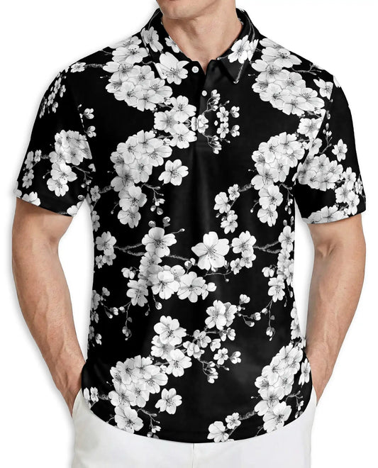 Black White Floral Polo Shirt – Japanese Sakura Hawaiian Style Shirt | Azhobbyshop