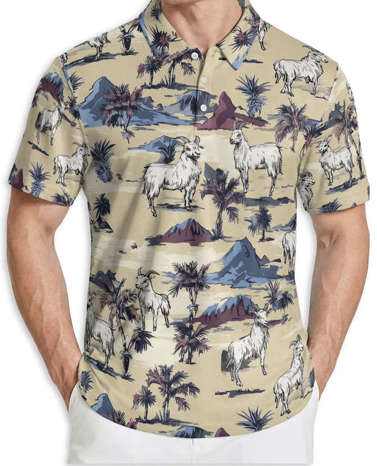 Goat Desert Hawaiian 3D Polo Shirt for Men – Funny Farm Animal Retro Style | Azhobbyshop