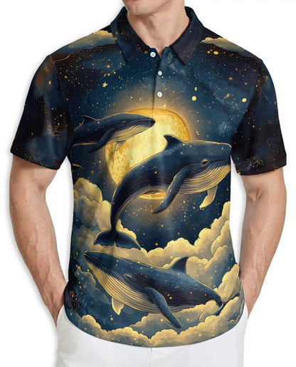 Whale Midnight 3D Polo Shirt for Men – Moonlit Ocean & Starry Sky Print | Azhobbyshop