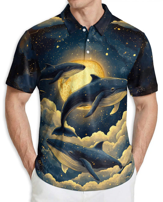 Whale Midnight 3D Polo Shirt for Men – Moonlit Ocean & Starry Sky Print | Azhobbyshop