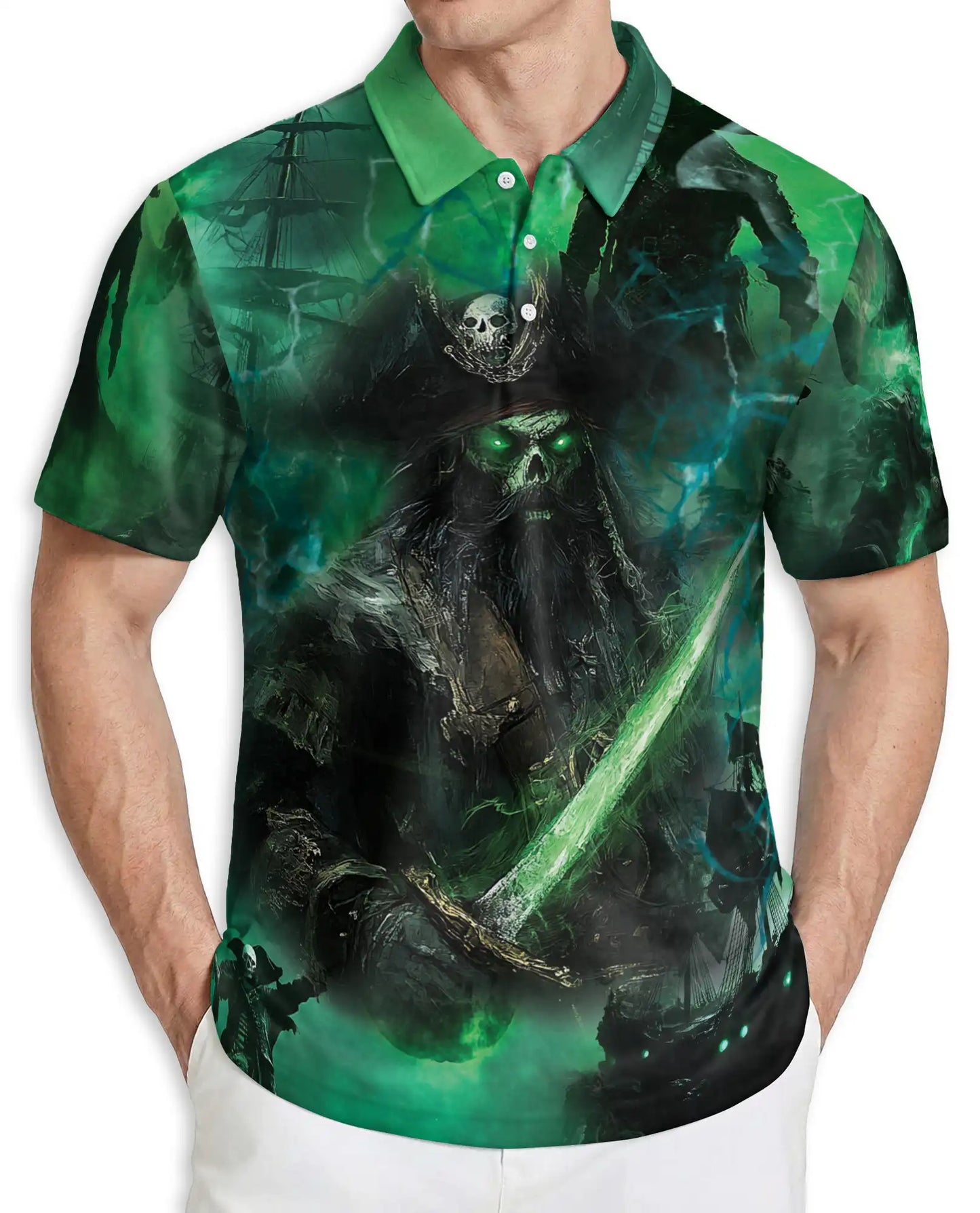 Ghost Pirate Skull Polo Shirt – Dark Fantasy Pirate Graphic | Azhobbyshop