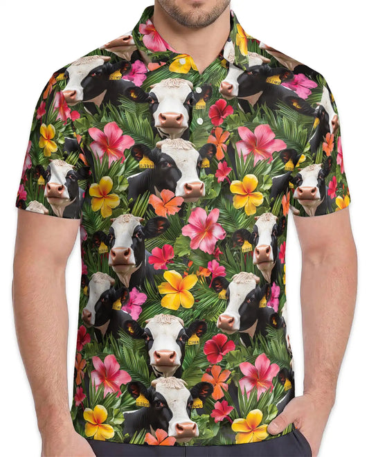 Tropical Cow Hawaiian Polo Shirt – Holstein Cow Floral Shirt | Azhobbyshop