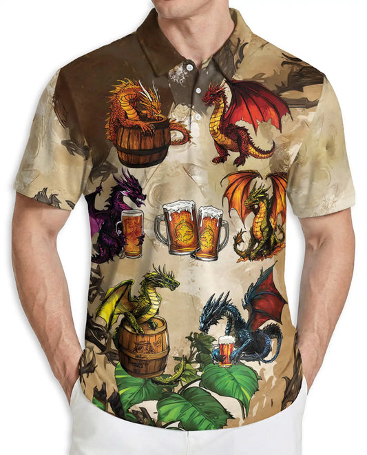 Dragon Beer Polo Shirt – Fantasy Dragon Drinking Beer 3D Graphic | Azhobbyshop