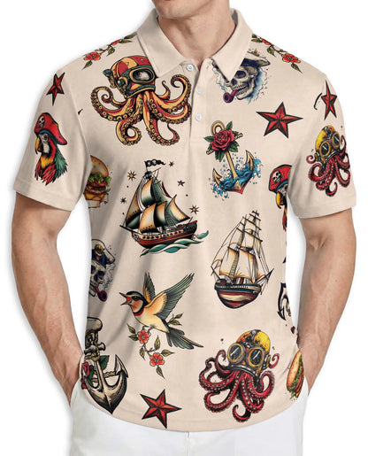 Tattoo Style 3D Polo Shirt for Men – Vintage Nautical & Skull Print | Azhobbyshop