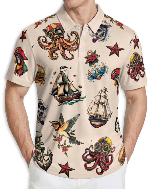 Tattoo Style 3D Polo Shirt for Men – Vintage Nautical & Skull Print | Azhobbyshop