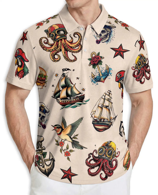 Tattoo Style 3D Polo Shirt for Men – Vintage Nautical & Skull Print | Azhobbyshop