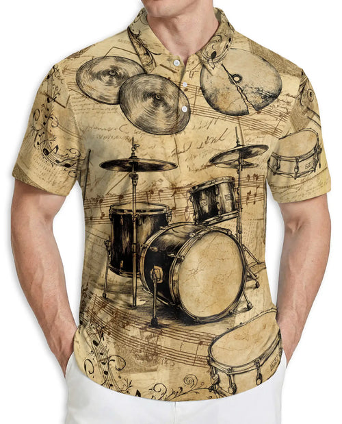 Drum Set 3D Polo Shirt for Men – Vintage Musician Drummer Style | Azhobbyshop