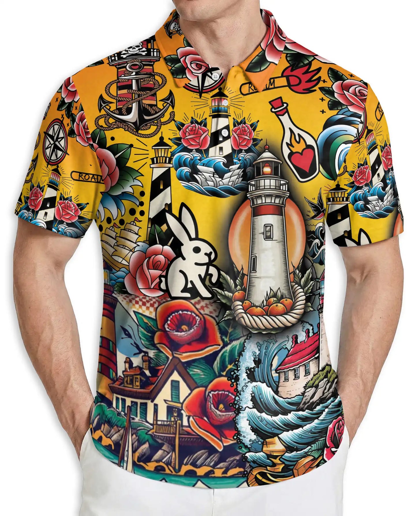 Lighthouse Tattoo Hawaiian Polo Shirt – Nautical Old School Tattoo Shirt | Azhobbyshop