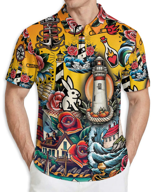 Lighthouse Tattoo Hawaiian Polo Shirt – Nautical Old School Tattoo Shirt | Azhobbyshop
