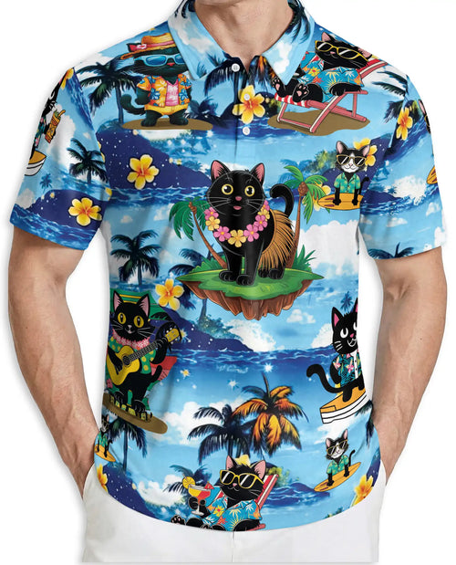 Black Cat Hawaiian 3D Polo Shirt for Men – Tropical Beach Cat Style | Azhobbyshop