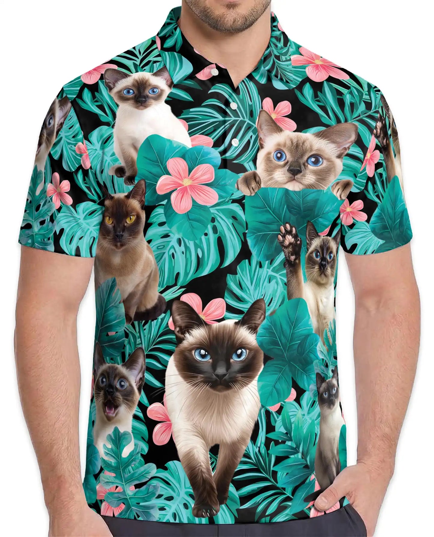 Siamese Cat Tropical Polo Shirt – Cute Hawaiian Cat Floral Design | Azhobbyshop