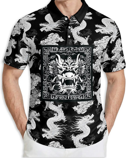 Japanese Dragon Sakura 3D Polo Shirt – Black White Oriental Art | Azhobbyshop